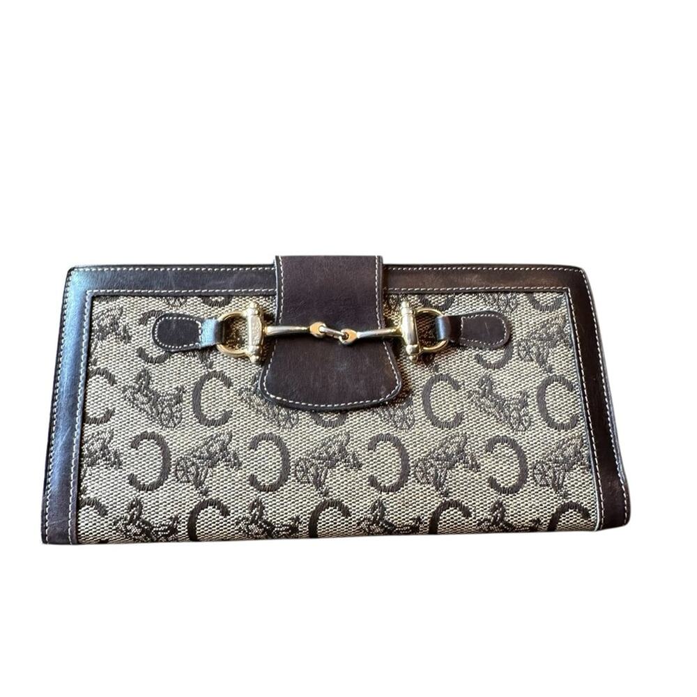 Vintage Celine Kisslock Brown, Tan and Gold Long Wallet